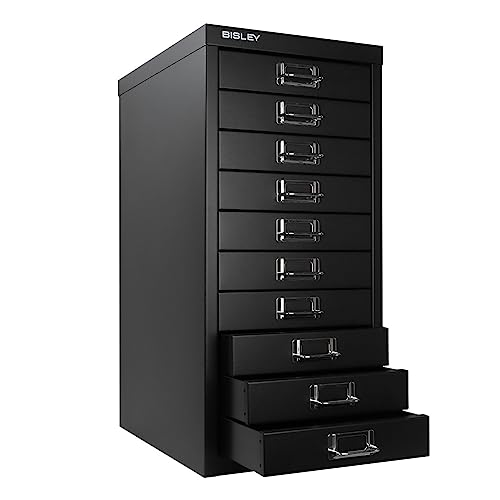 Bisley 10-Drawer Steel MultiDrawer Cabinet - Black, Chrome Pull Handles with Label Holders, Powder-Coated Steel, Removable Drawers, Fits Under Most Desks, Labels Included