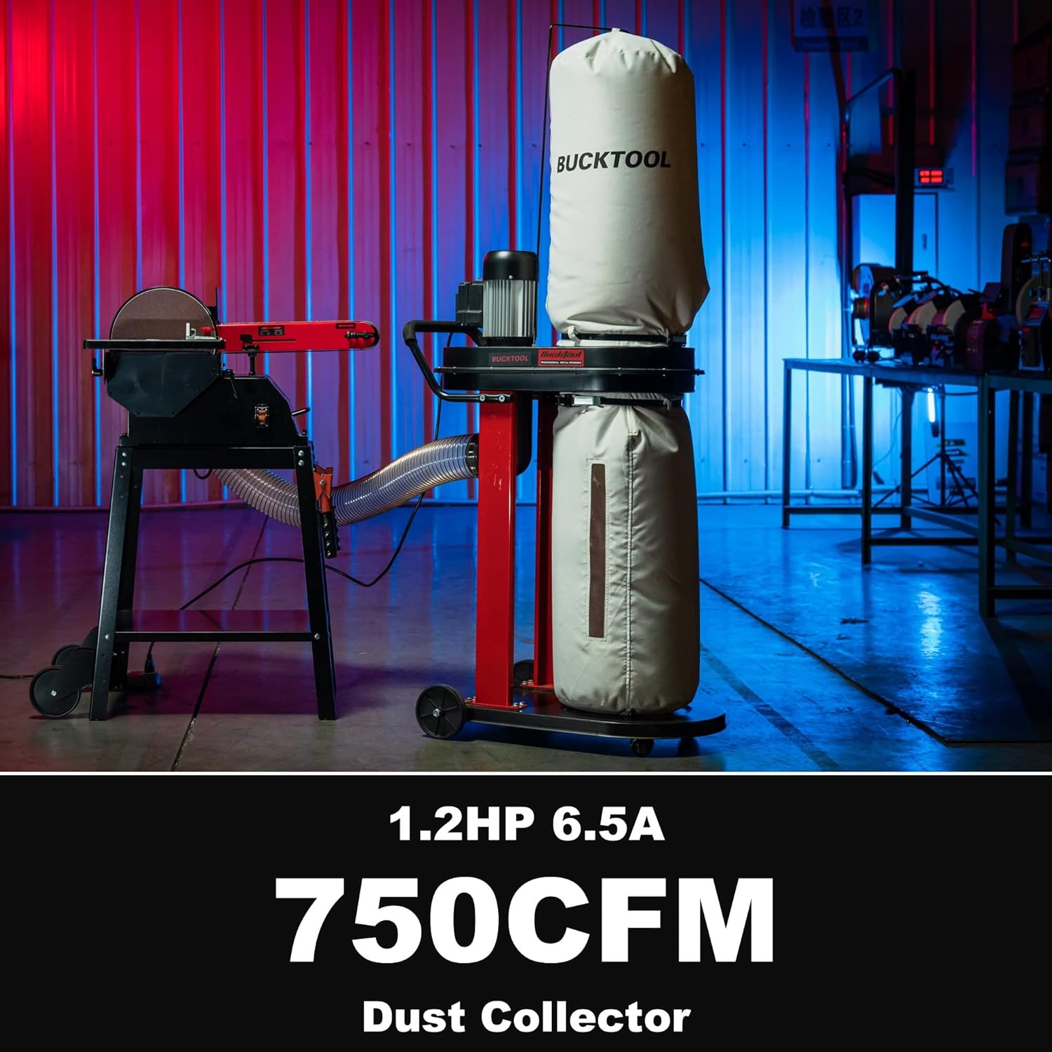 BUCKTOOL 1.2 HP Auto Start 750CFM Dust Collector with 3 Dust Collection Bag, 5.4 Cubic Bag Capacity and 5 PCS Reducer for Woodworking DC50