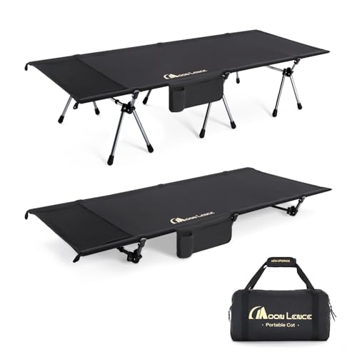 MOON LENCE Height Adjustable Camping Cot - Supports 330 lbs, Portable Folding Bed with Leg Extenders for Camping, Hiking, Travel, Black