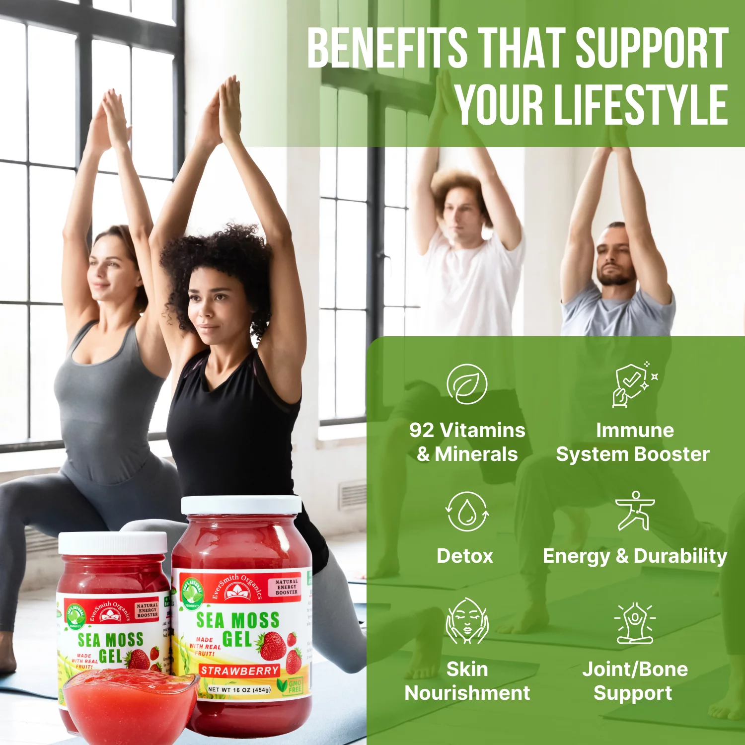 Organic Sea Moss Gel (Strawberry) - LARGE 16 OZ - Real Fruit - Wildcrafted Sea Moss