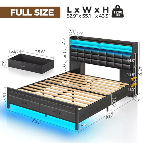 Rolanstar Bed Frame Full Size with Storage Headboard and 2 Drawers, Upholstered Platform Bed with Charging Station and LED Light, Heavy Duty Frame Support, No Box Spring Needed, Noise Free, Black