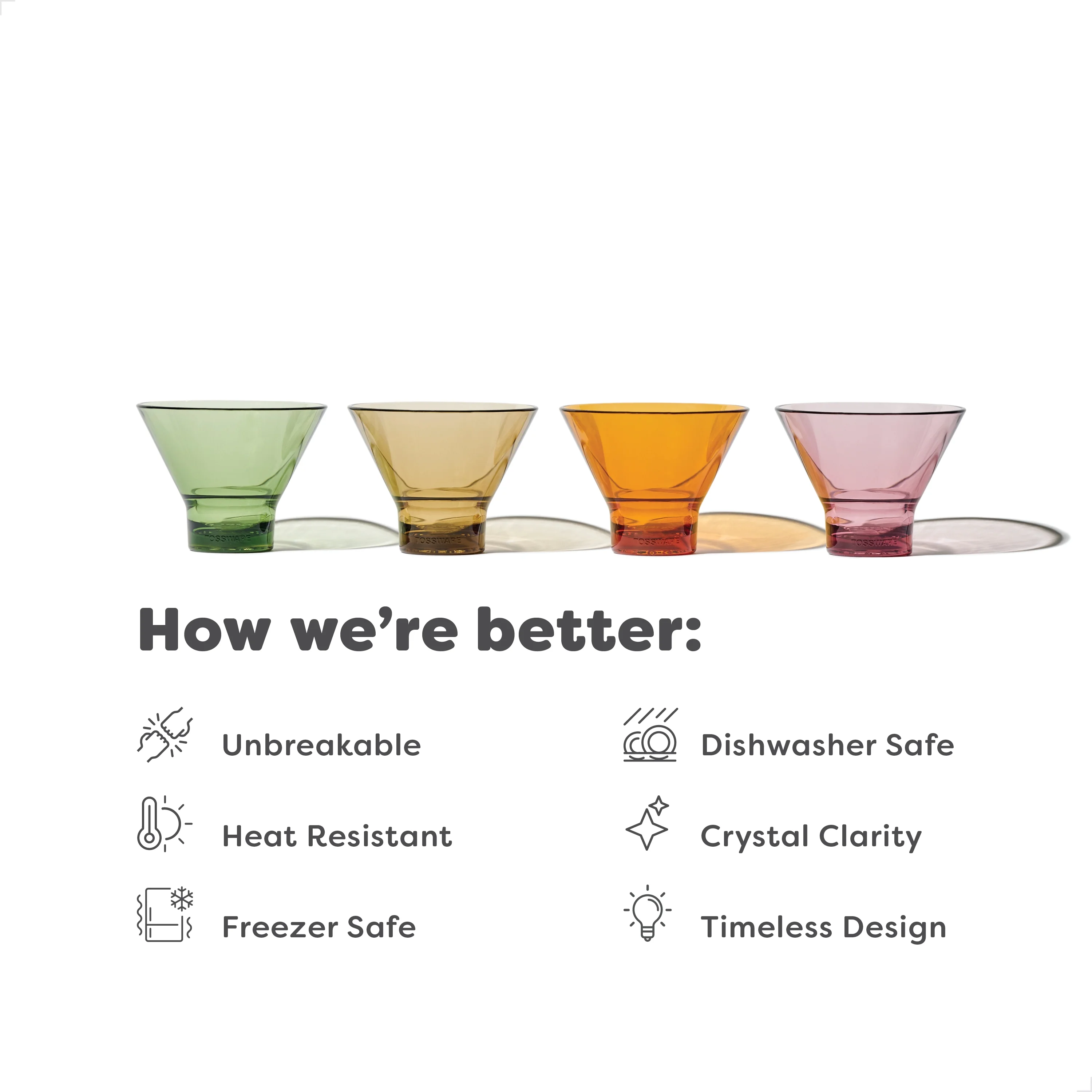 TOSSWARE RESERVE 8oz Stemless Martini Tritan™ Copolyester Glass - Mixed 4 Pack