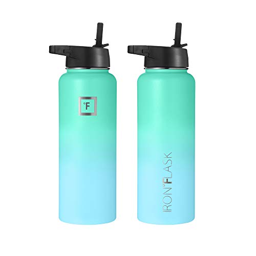 IRON °FLASK Camping & Hiking Hydration Flask with 3 Lids - Stainless Steel, Double Walled & Vacuum Insulated Water Bottle - Leak Proof & BPA Free (Midnight Black, Straw - 40 oz)