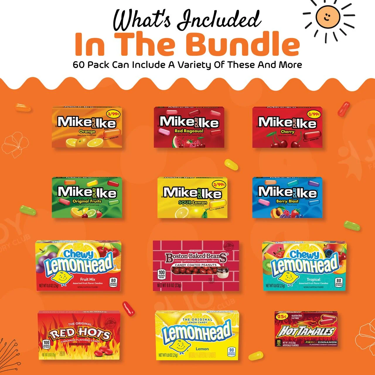 Bundle Pack of 60 - Assorted Candy Boxes of Mike & Ike, Lemonheads, Hot Tamales, Boston Bake Beans, Others - for Gifts, Party, Goody Bags, Holiday Treats, Movie Nights College Students Cara Package