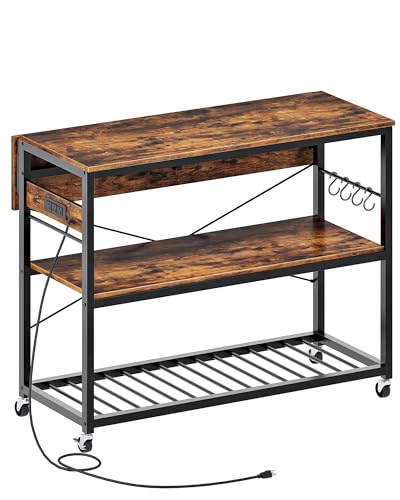 Kitchen Island with Power Outlet and Folding Top, Movable with 3-Tier Storage, Large Size, Wooden Shelves and Wine Rack, for Kitchen, Dining and Living Room, Rustic Brown and Black TZD02UBF