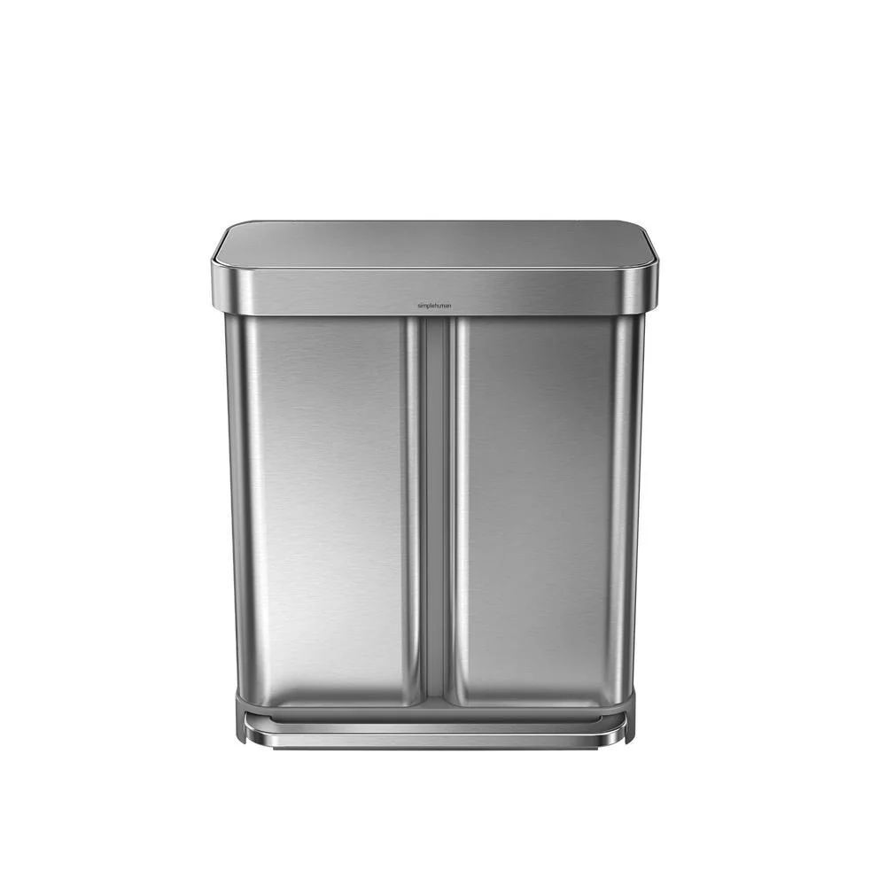 simplehuman 58 Liter / 15.3 gal Stainless Steel Dual Compartment Recycler Kitchen Step Trash Can, Brushed Stainless Steel