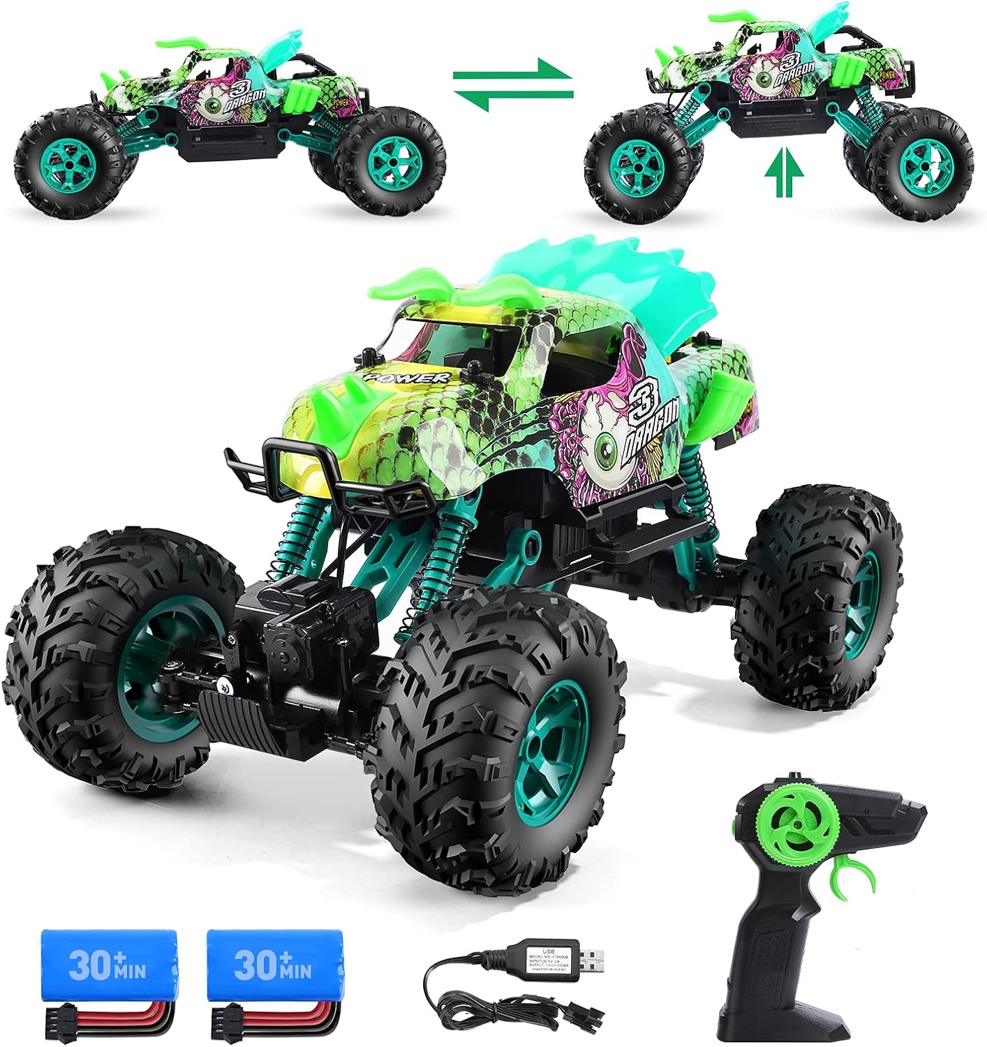 Remote Control Cars, Holyton 1:12 Large Scale Dinosaur Monster RC Trucks, 4WD Liftable Chassis Off Road Rock Crawler for Kids, 2 Batteries for 60+ Minutes Play, RC Car Toys Gift for Boy & Girls