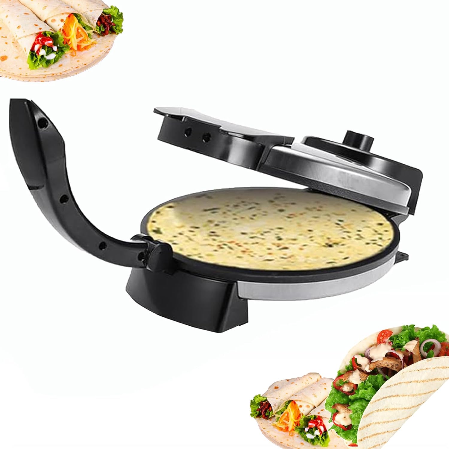 Electric Roti Maker Electric Tortilla Maker 10 Inch Electric Automatic Chapati Maker Stainless Steel Non-Stick Electric Tortilla Press with Removable Handle Can Make Chapati, Tortilla, Roti