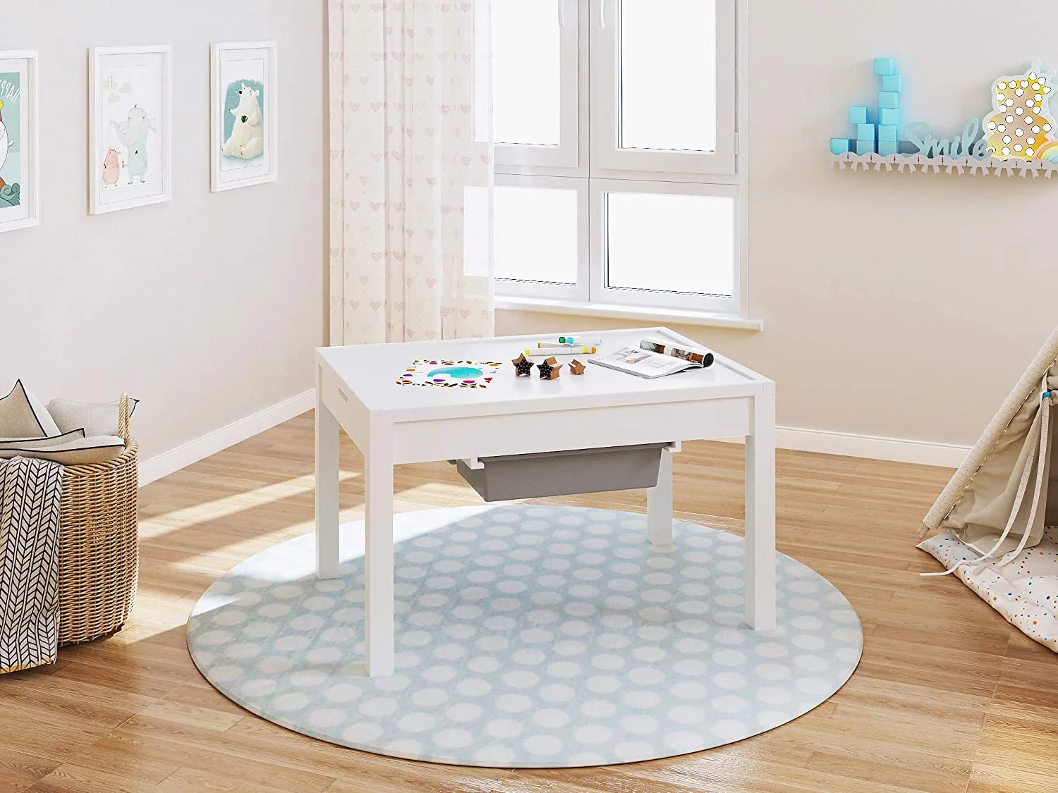 UTEX Kids 2 in 1 Large Activity Table with Storage, Construction Table for Kids, Boys, Girls, White