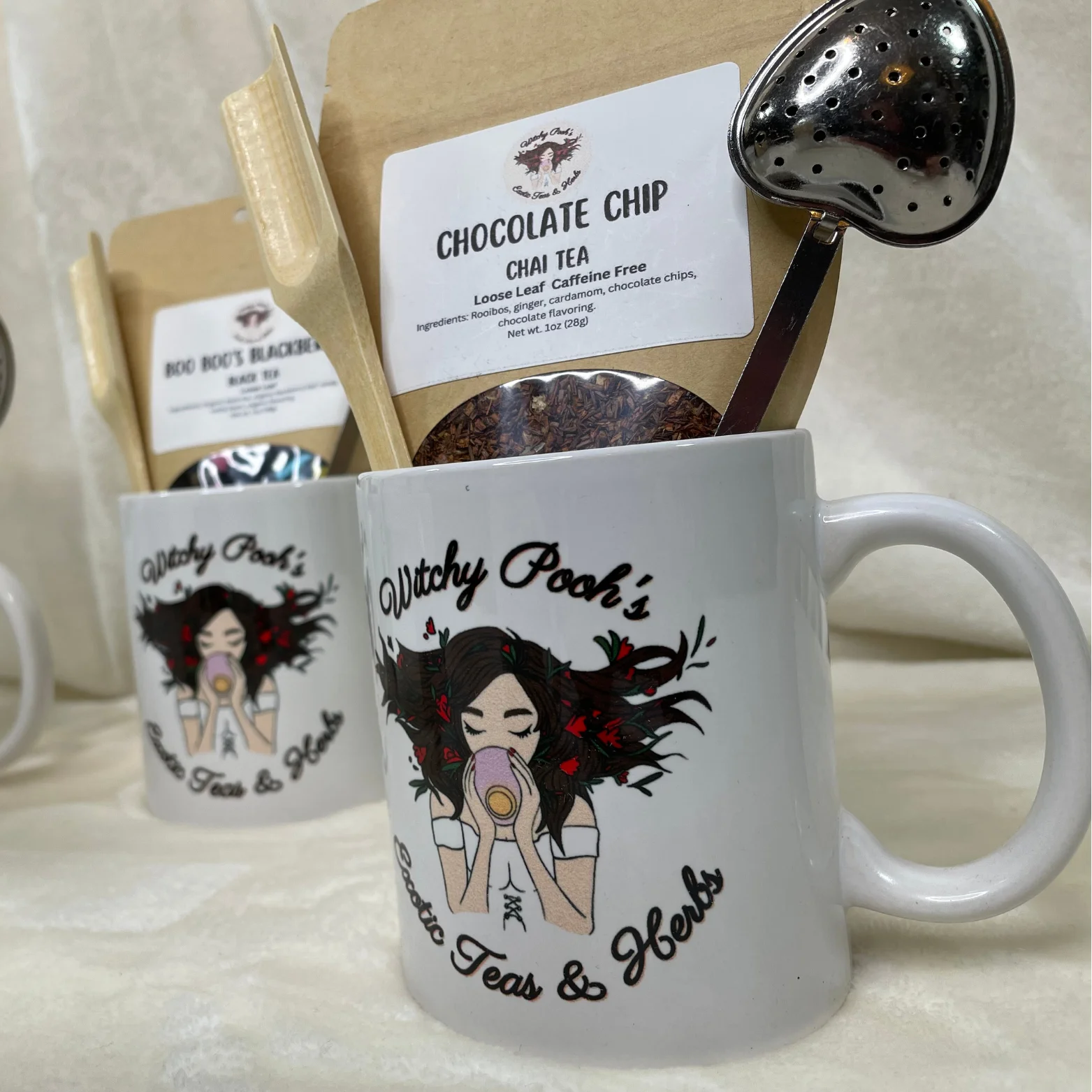 Mint Chocolate Mocha Herbal Tea Gift Mug Set With Heart Infuser with Handle & Wooden Spoon, Witchy Pooh's