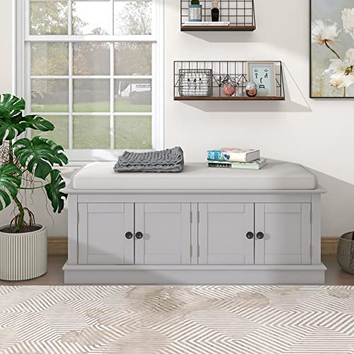 Storage Bench, Entryway Bench with 4 Doors and Adjustable Shelves, Shoe Bench Shoe Cabinet Storage Ottoman with Removable Seat Cushion for Living Room Entryway Hallway (White)