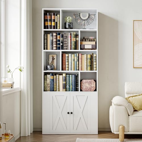IRONCK Bookcase with Doors, Tall Bookshelf with Storage, Bookshelves and Bookcases with 8 Open Cubes for Living Room, Bedroom, Office