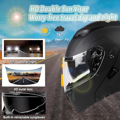 DOT Approved,with Double Visor Microphone,Full Face Motorcycle Helmet,Motorbike Bluetooth Modular Helmet,Flip Up Motorcycle Helmet,Full Face Flip Anti-Fog Dual Visor Helmet,Integrated Helmet