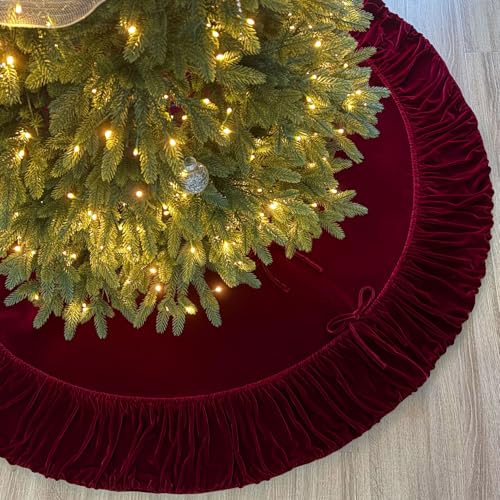 60-Inch Ruffled Velvet Christmas Tree Skirt with Foam Padding, Nylon Backing and Lace-Up Tie Closure, Burgundy