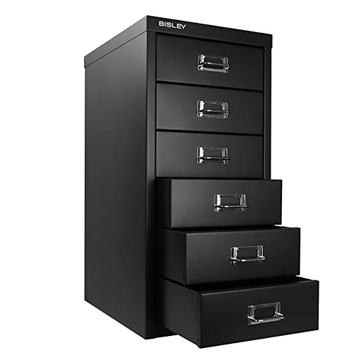 Bisley 10-Drawer Steel MultiDrawer Cabinet - Black, Chrome Pull Handles with Label Holders, Powder-Coated Steel, Removable Drawers, Fits Under Most Desks, Labels Included