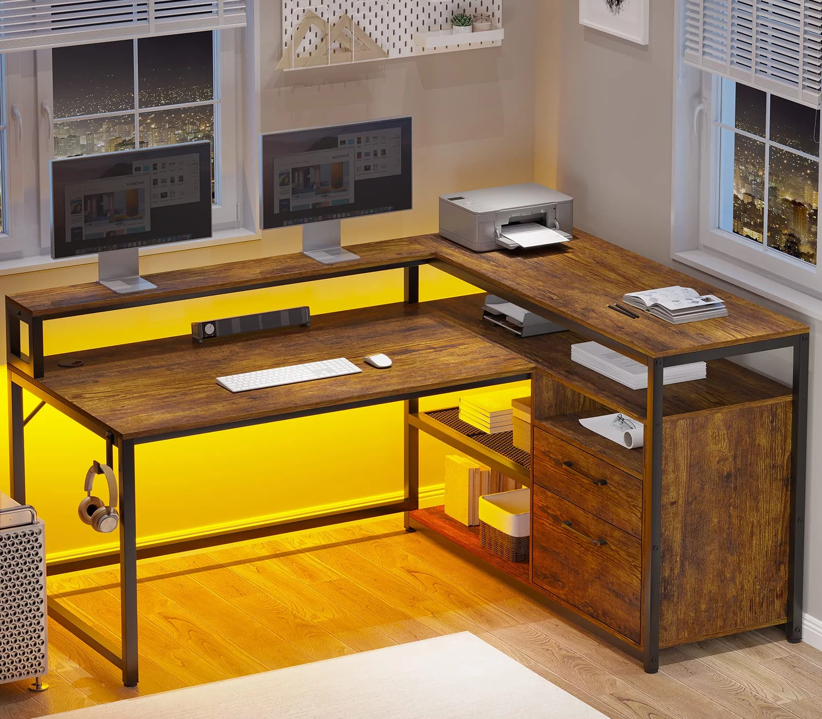 L Shaped Computer Desk with Drawers, Legal/Letter/A4 File Drawers, 59'' Corner Desk with Monitor Shelf &Hook,Home Office Desks for Printer, Rustic Brown