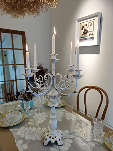 Cast Iron Candlestick Holders - Vintage Metal Candelabra - Candlestick Holders for 1/2-1 inch Taper Candles, 5 Arms Candle Holders 17Inch Tall (Vintage White)