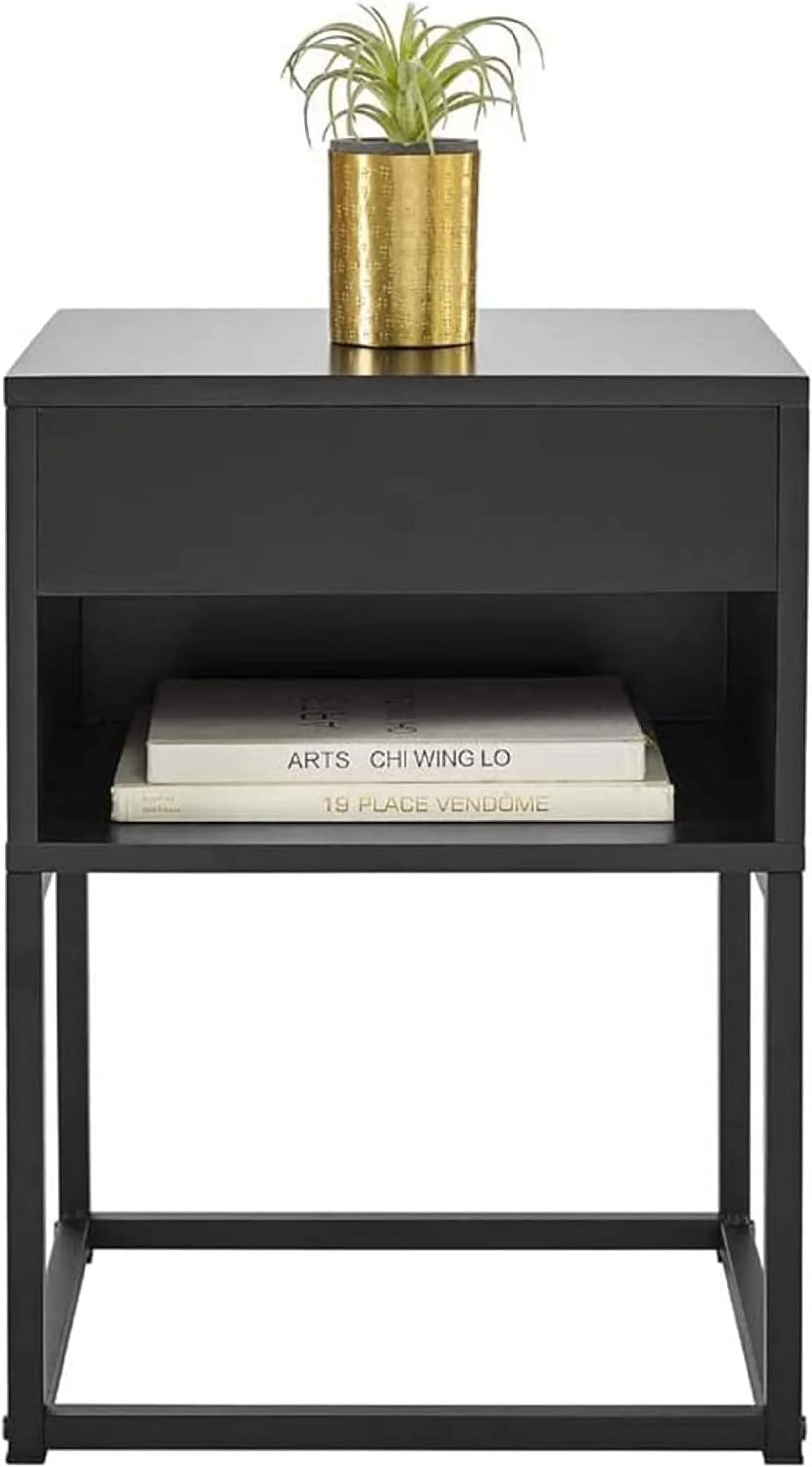 Inch Tall Simple Rectangular End Table Nightstand With Flat Top, Pull Out Drawer, And Open Shelving, Metal Leg Design, Black