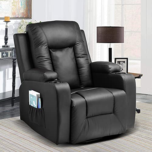 COMHOMA Recliner Chair, Swivel Rocker Recliners, Massage and Heat Reclining Chair, Reclining Sofa with Side Pockets, Cup Holders for Living Room, Bedroom (Black)