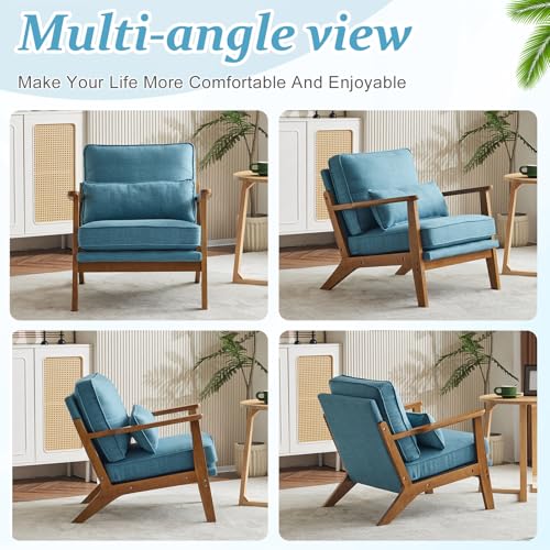 VINGLI Solid Wood Wide Armrests Accent Chair,Upholstered Mid Century Modern Chair with Pillow,Comfy Reading Chair Farmhouse Arm Chair,Chairs Living Room,Bedroom,Guest Room,Linen Fabric,Beige