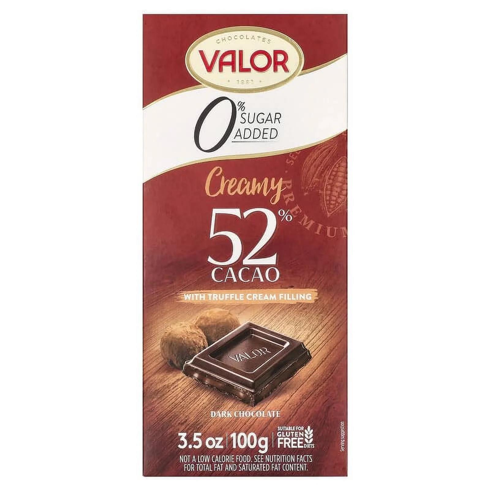 Valor, 0% Sugar Added, Creamy Dark Chocolate with Truffle Cream Filling, 52% Cacao, 3.5 oz Pack of 4