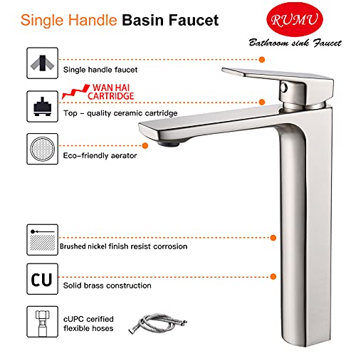 VOTON Vessel Sink Faucet Matte Black Tall Bathroom Faucet Single Handle Vanity Bathroom Sink Faucet 1 Hole Basin Mixer Tap with Water Supply Hose and Pop Up Sink Drain