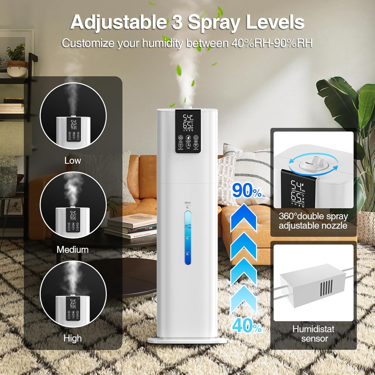 Smart Humidifiers Large Room Bedroom Home, 8L Top Fill Cold Mist Humidifiers with 3 Adjustable Mist Levels, Smart App & Remote Control, 48H Runtime, Nightlight, 12H Timer, Humidity Setting