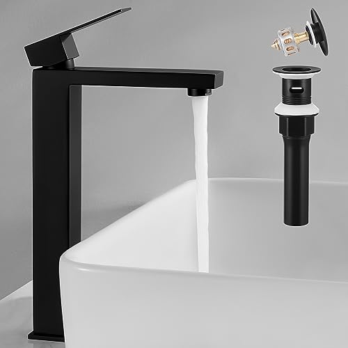 KES Vessel Sink Faucet, Black Bathroom Faucets, Tall Bathroom Faucets with Sink Drain with Overflow, L3156BLFF12-BK-C1