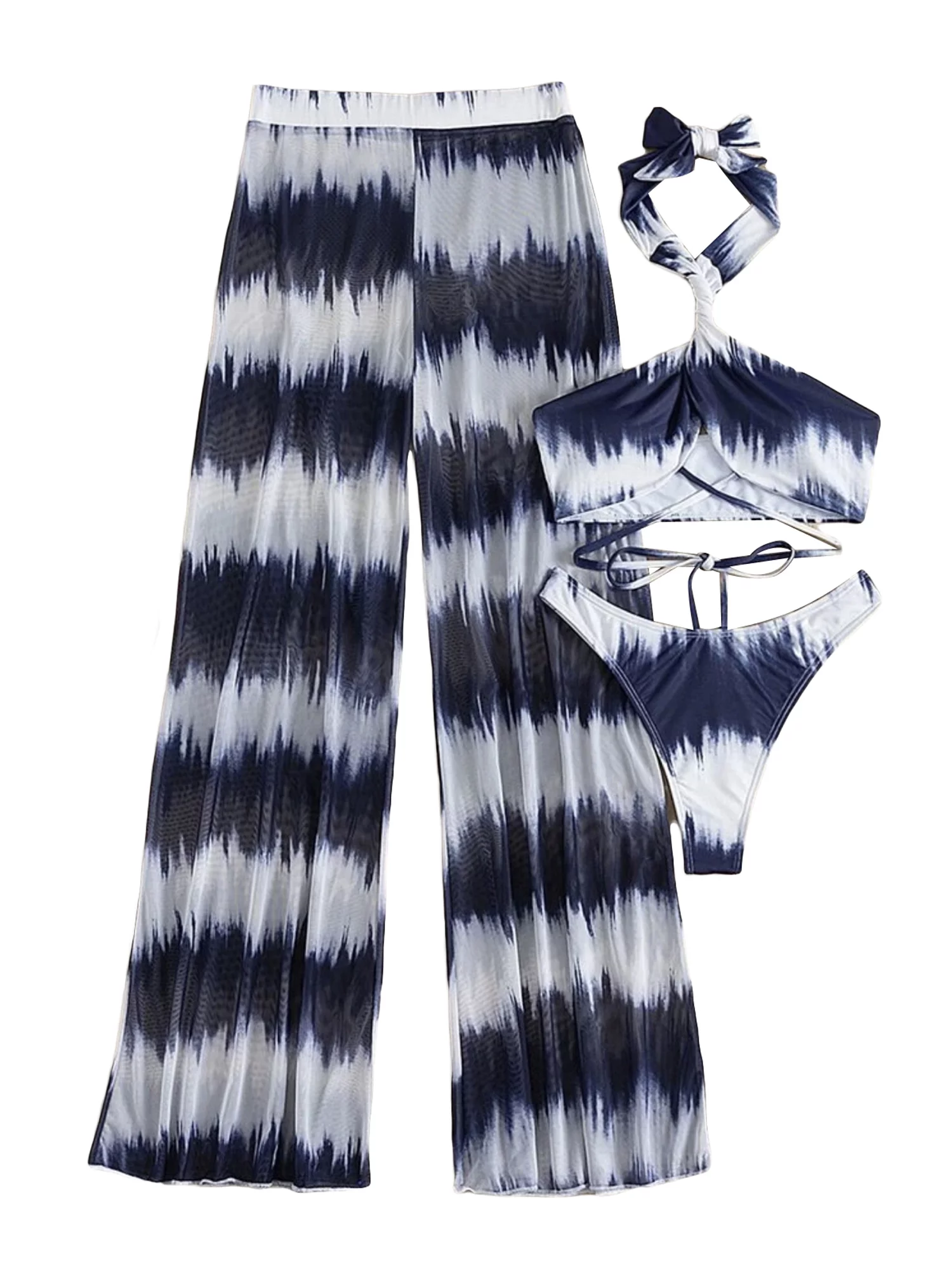 Arvbitana Women 3 Pcs Bikini Sets Criss Cross Halter Neck Bra Panties Cover Up Pants Sets Swimsuits S-L