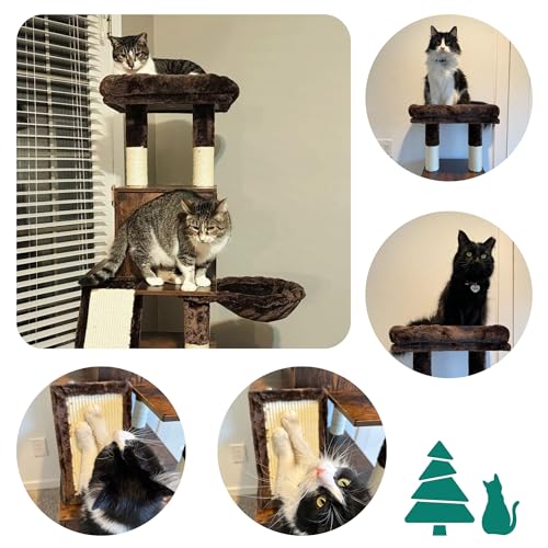 YITAHOME Cat Tree with Litter Box Enclosure, Hidden Cat Litter Box Furniture with Sisal Scratching Post, Wooden Cat House with Basket, Brown