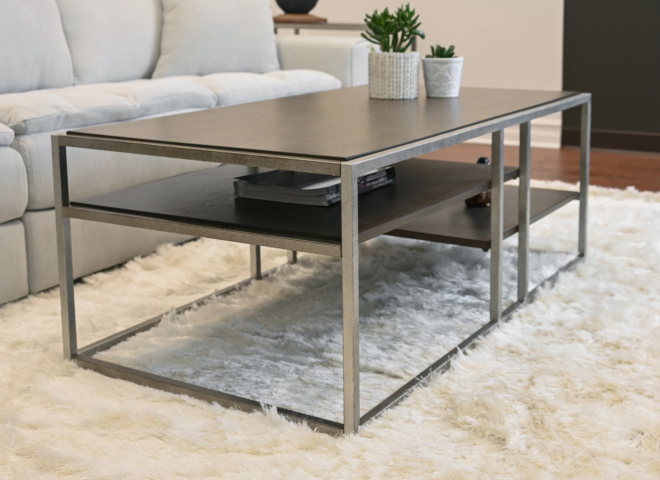 Roundhill Furniture Wood/Metal Padena Coffee Table with Shelf in Graphite Gray