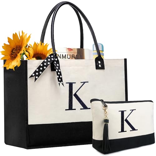 BeeGreen Mother's Day Gifts Personalized Women's Large White and Black Canvas Tote Bag, Embroidered Initials, Leather Handle, Zipper Closure