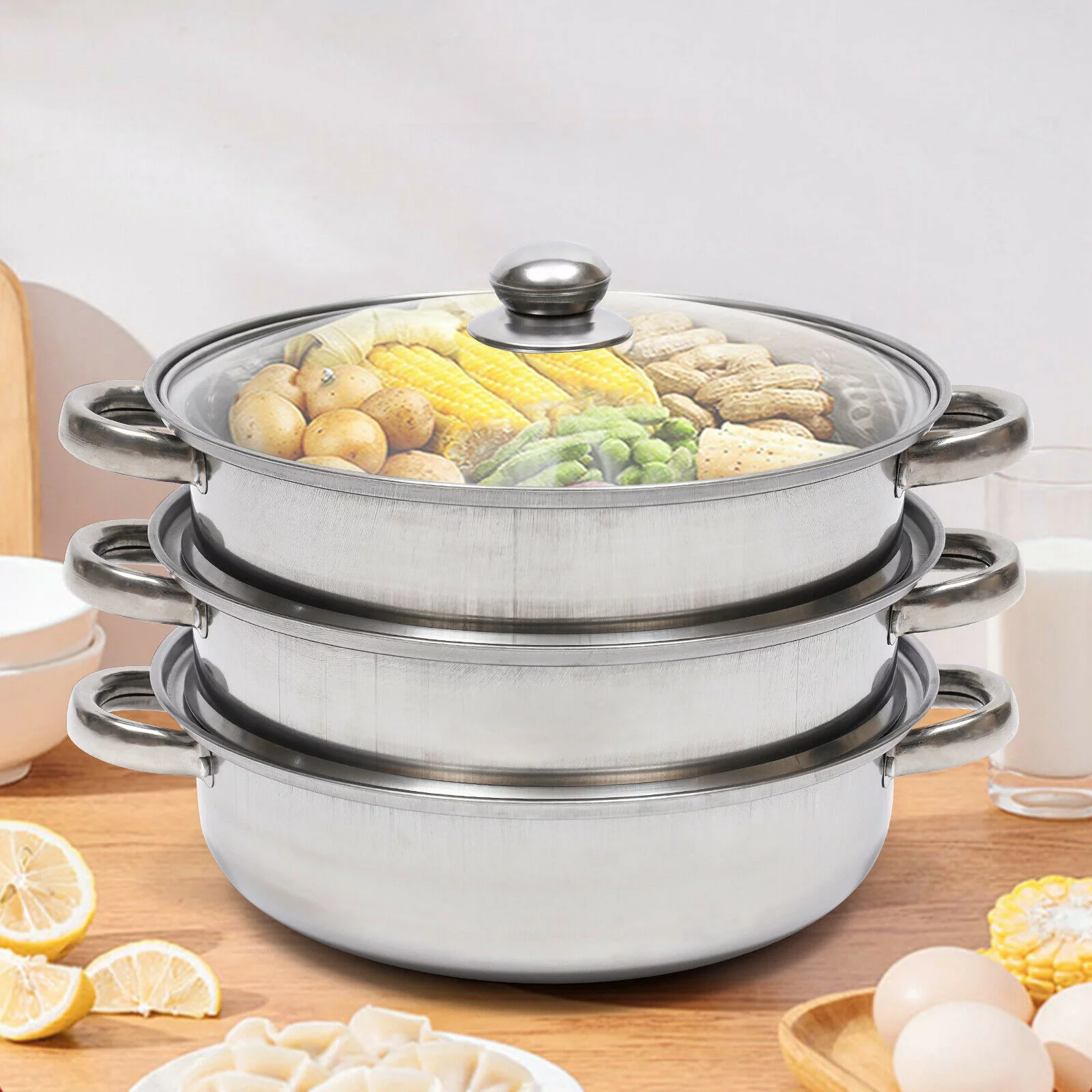 Fichiouy Chinese Steamer 3 Tier Food Steamer Vegetable Rice Meat Cooker Kitchen Cookware Hot Pot W/Lid