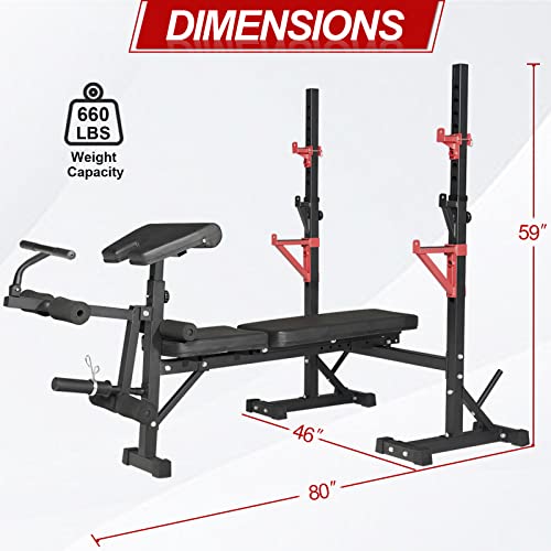 Weight Bench with Squat Rack,Bongkim Adjustable Bench,Multi-Purpose Foldable Bench & Barbell Rack Stand,Bench press 660Lbs