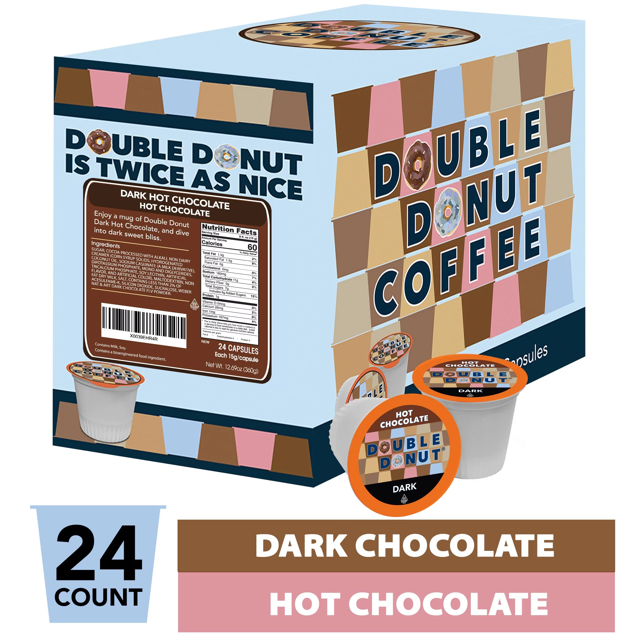 Double Donut Dark Hot Chocolate Pods For Keurig K Cups Brewers, Single Serve Dark Hot Cocoa Pods, 24 Count