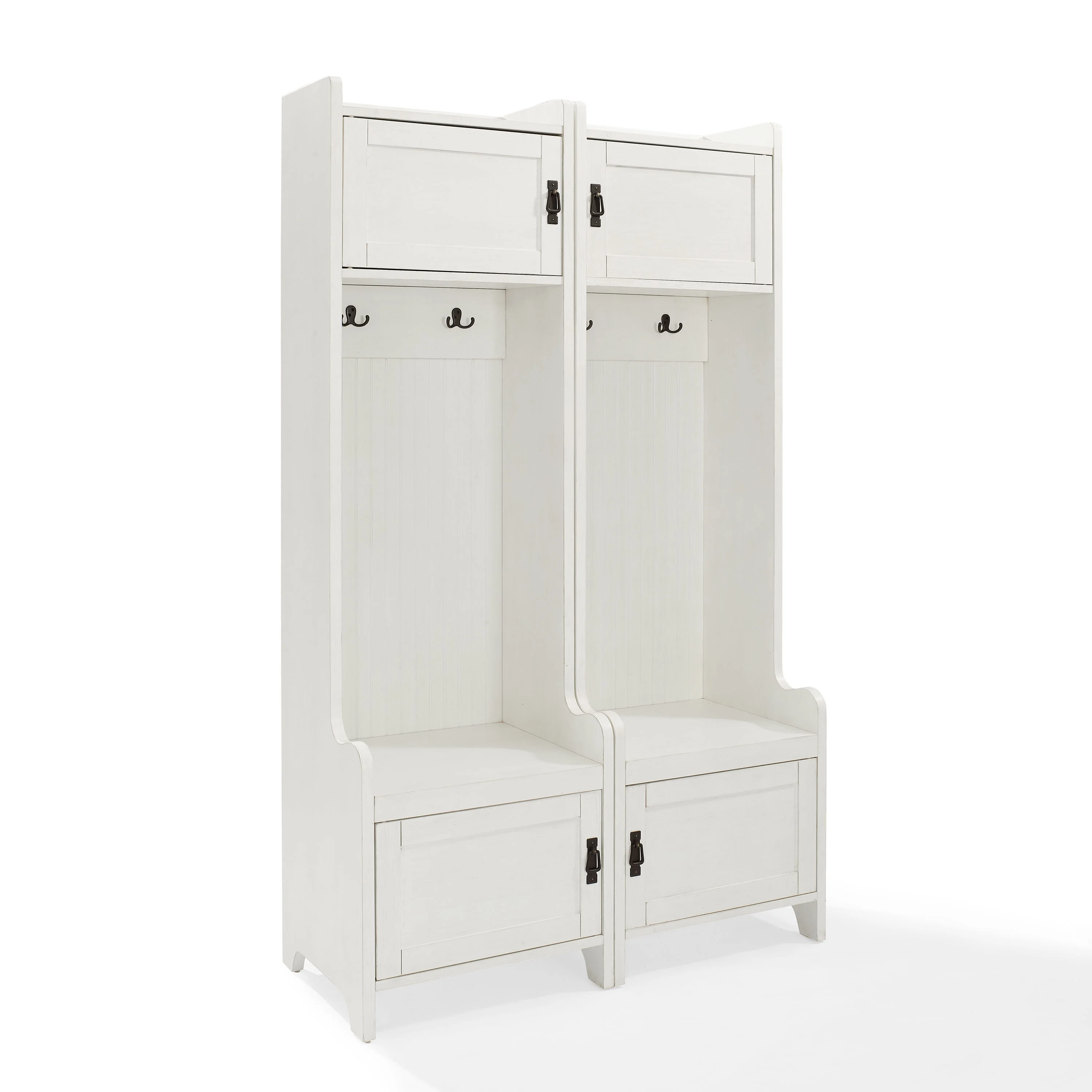 Crosley Furniture Fremont Wood Hall Tree in Distressed White (Set of 2)