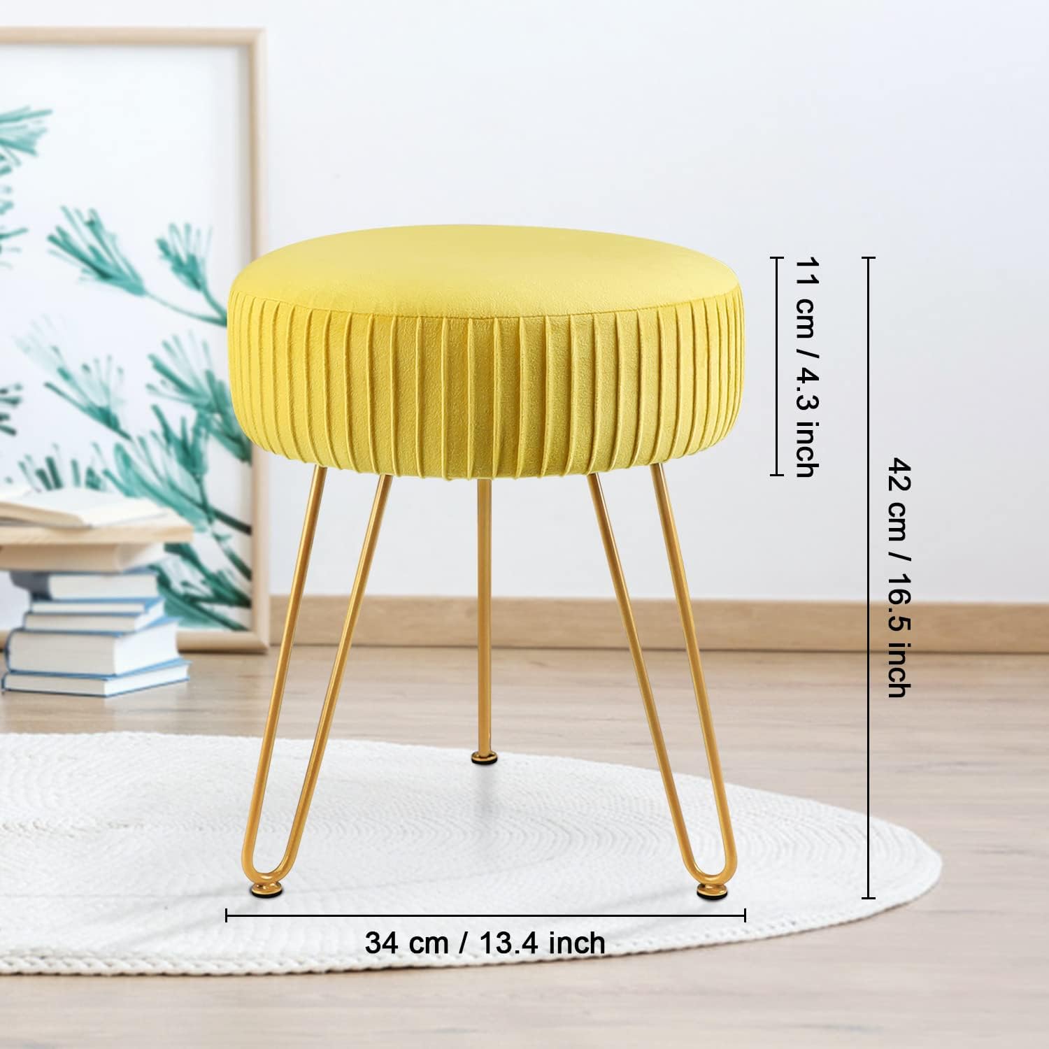 Stripe Velvet Vanity Chair Round Ottoman,Upholstered Vanity Makeup Footstool Side Table Dressing Chair with Golden Metal Legs (Yellow, Round-Normal)