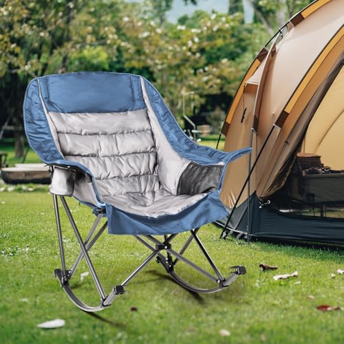 Oversized Rocking Camping Chair for Adults - 400lbs Capacity Padded Camp Chair with Cup Holder, Portable Foldable Outdoor Rocker Chair for Camping, Backyard, Patio (Black & Gray)