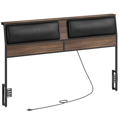 HOOBRO King Size Headboard, Upholstered Headboard with Charging Station, with Top Storage Shelf and Bed Frame Adapters, Height Adjustable, for King Size Bed Frame, Walnut and Black