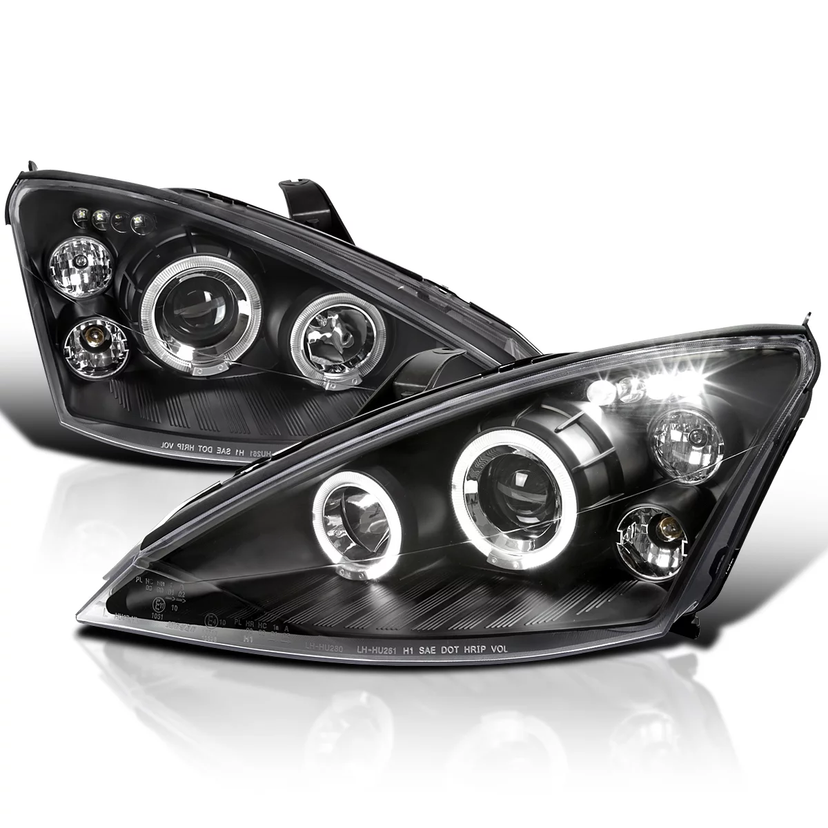 Spec-D Tuning Halo LED Projector Headlights Black Compatible with 2000-2004 Ford Focus, Left + Right Pair Headlamps Assembly