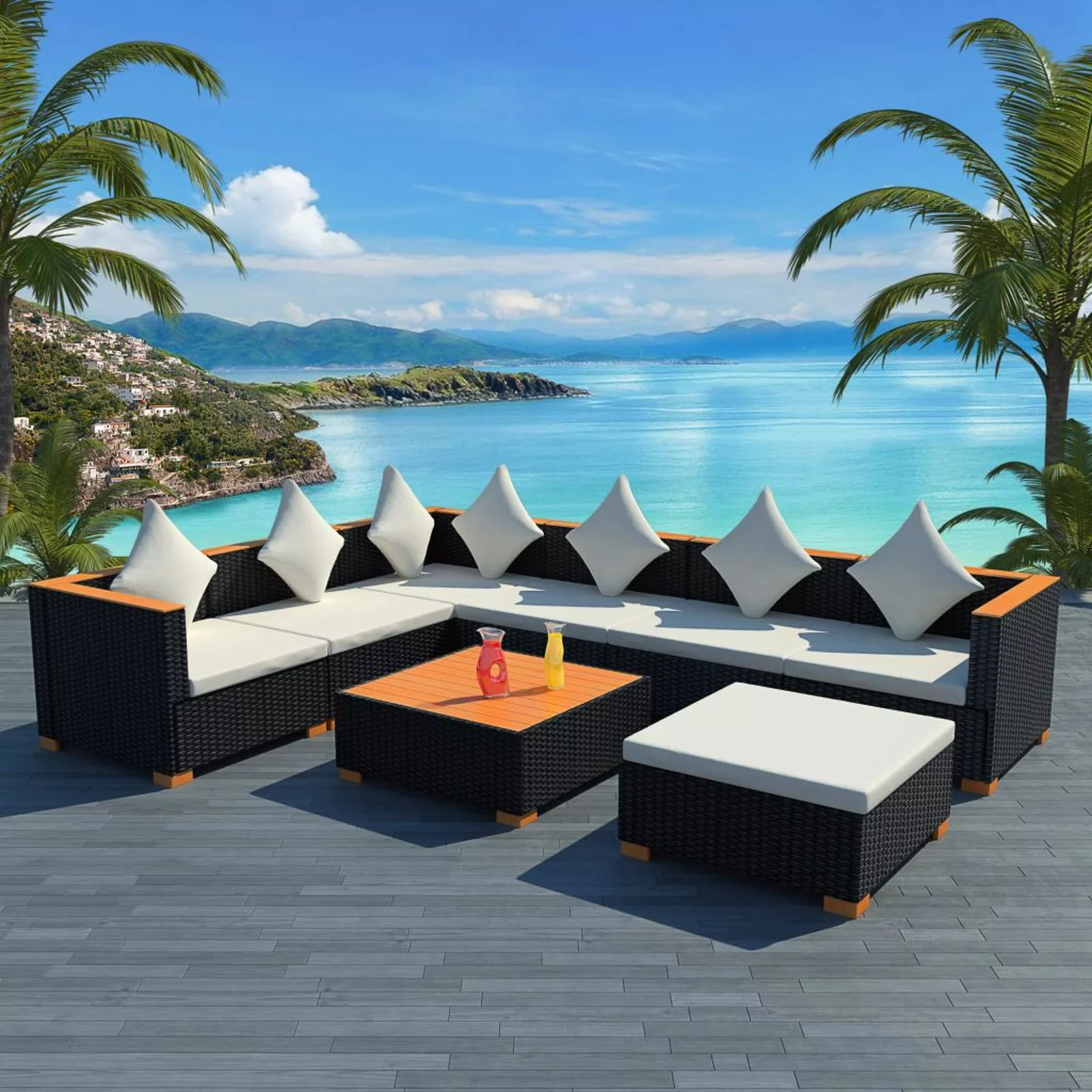 Dcenta 8 Piece Outdoor Conversation Set Cushioned 3 Corner Sofa 3 Center Sofa with Ottoman and Coffee Table Sectional Poly Rattan Garden Lounge Set for Patio, Backyard, Balcony, Terrace Furniture