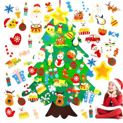 Srkmxzr Felt Christmas Tree for Toddlers, Felt Christmas Tree with Lights, 38Pcs DIY 3D Wall Hanging Christmas Trees for Toddler Baby Kid Child, Felt Craft Kits for Xmas Party Decor Gift