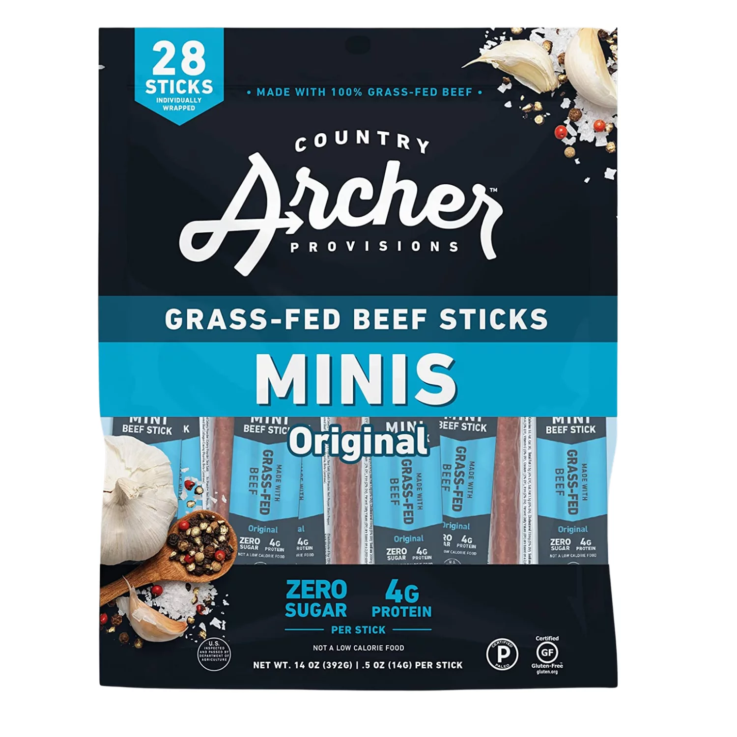Country Archer Grass Fed Original Mini Beef Sticks 28 Sticks Gluten-Free No Sugar Made with Real Ingredients Keto& Paleo Friendly Meat Snacks Outdoor Hiking Camping Traveling Ready to Eat Snack 14.5oz