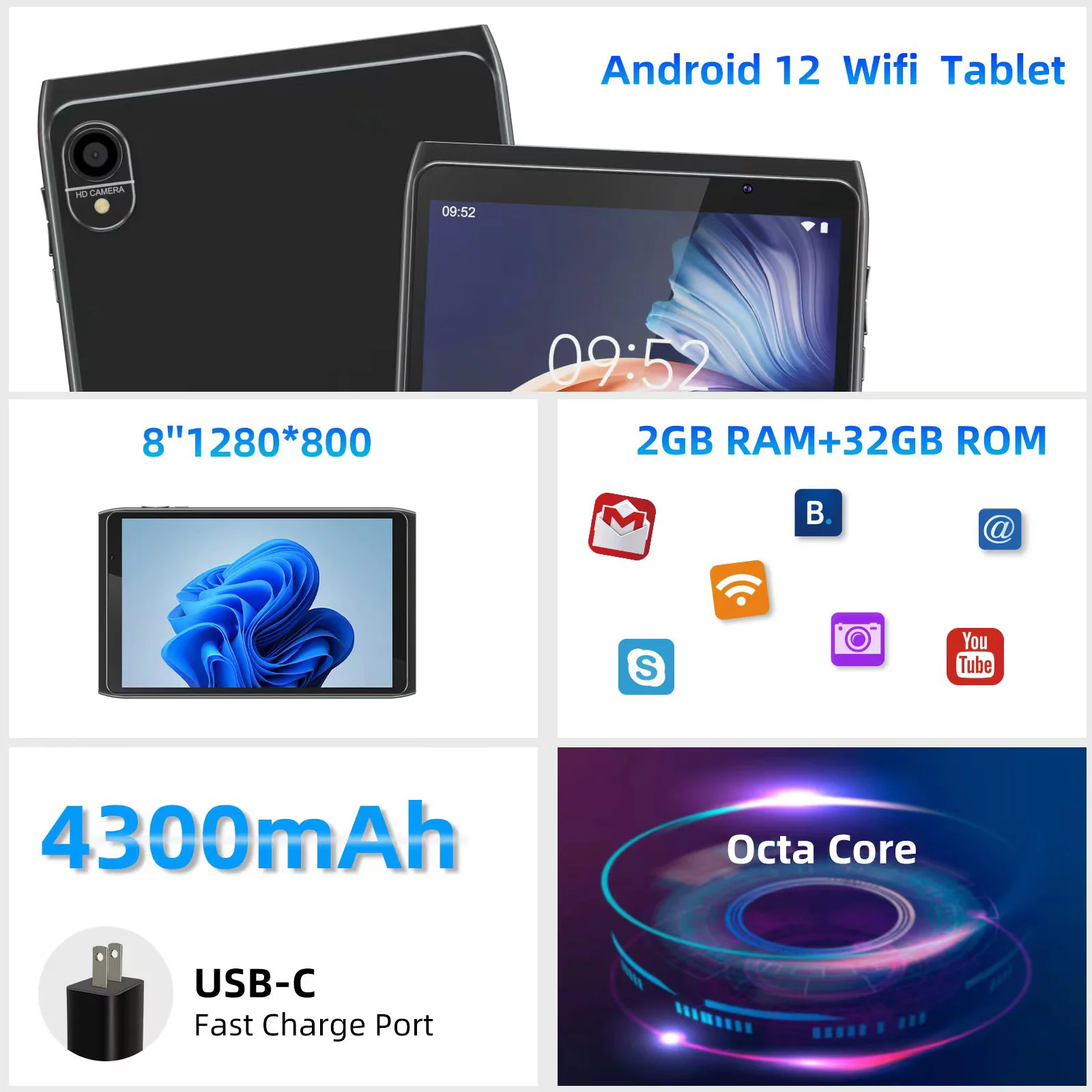 Android Tablet 8 inch, Android 12.0 Tableta 32GB Storage 512GB SD Expansion Tablets PC, Quad-core Processor 2GB RAM 1280x800 IPS HD Touchscreen Dual Camera Tablets, Support WiFi, BT, 4300 mAh Battery.