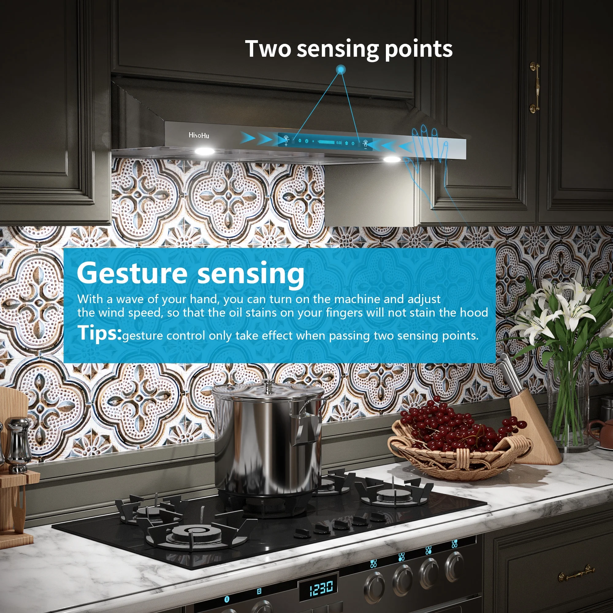 HisoHu Under Cabinet Range Hood 36 Inch with 900-CFM, 4 Speed Gesture Sensing&Touch Control Panel, Stainless Steel Kitchen Vent