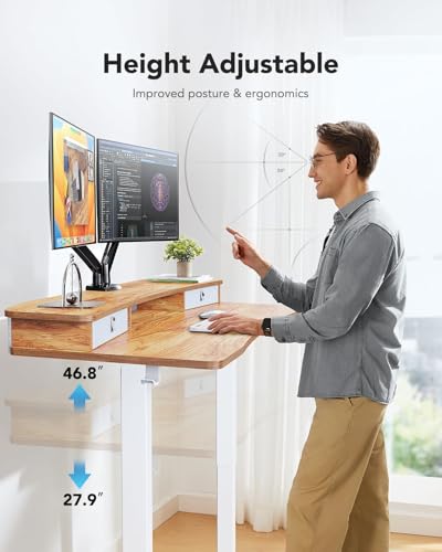 HUANUO 48″ x 24″ Electric Standing Desk with 2 Drawers, C-Clamp Mount Compatible, Height Adjustable Computer Desk, Home Office Stand Up Desk with 4 Preset Heights & 2 Hooks, Black
