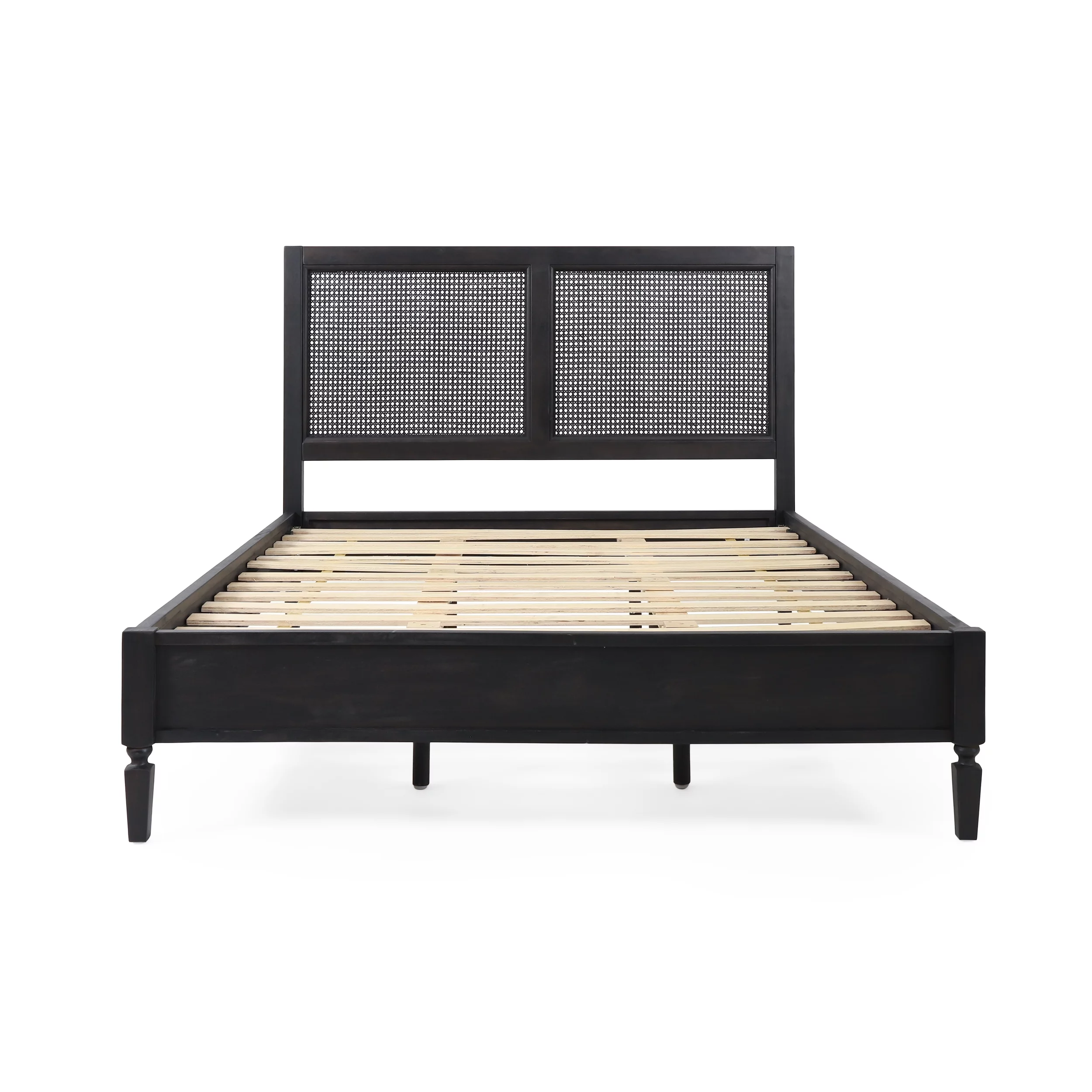 GDF Studio Mathena Rustic Acacia Wood and Rattan Queen Bed, Dark Gray