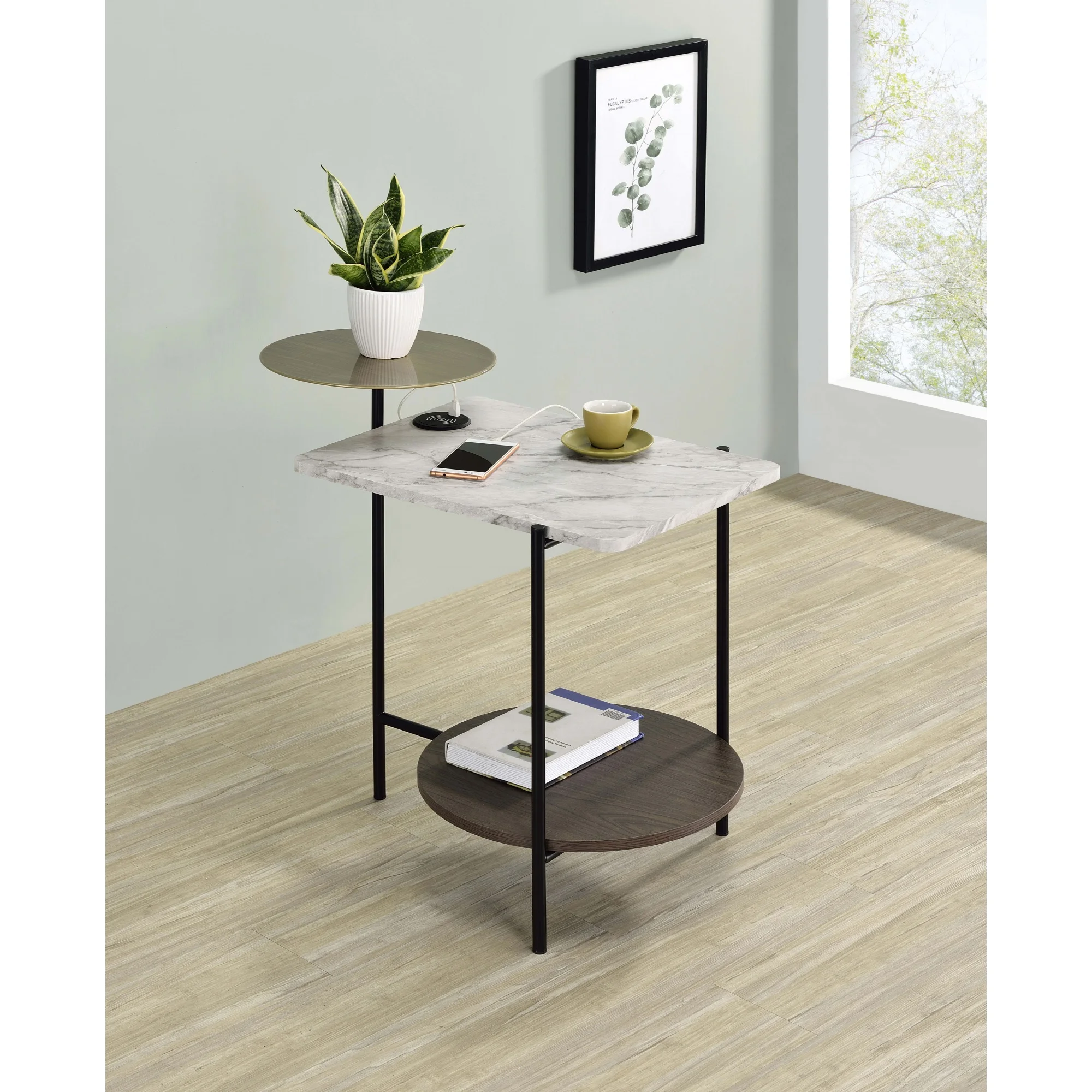 Coaster Ottilie 3-tier Wood Side Table With Wireless Charger White and Brown
