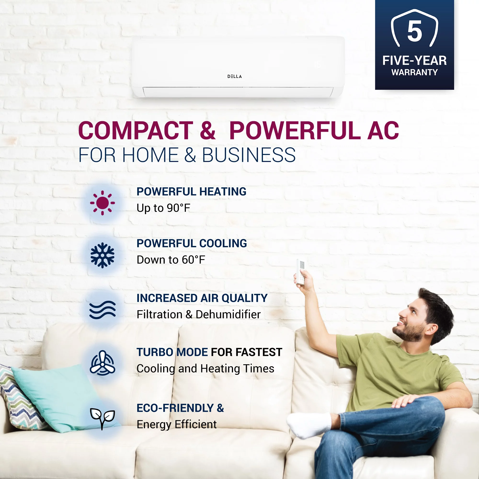 DELLA 18000 BTU Wifi Enabled 21 SEER Cools Up to 650 Sq.Ft 208-230V Energy Efficient Mini Split Air Conditioner & Heater Ductless Inverter System, with 1 Ton Heat Pump (QC Series)