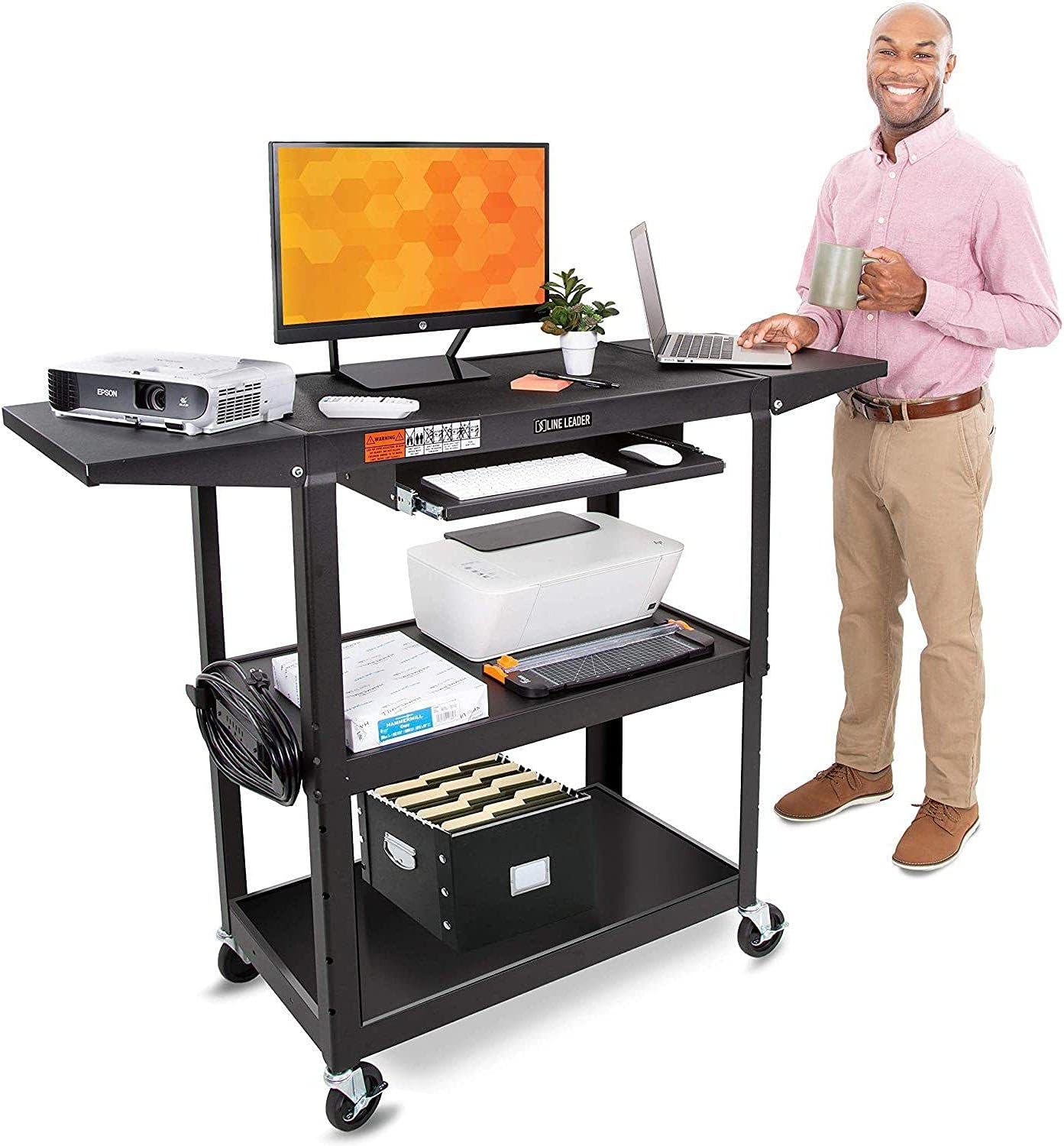 Line Leader Large AV Cart with Drop Leaves | Height Adjustable Utility Cart | Includes Pullout Keyboard Tray & Cord Management | Easy Assembly (54in x 18in x 42in / Black)